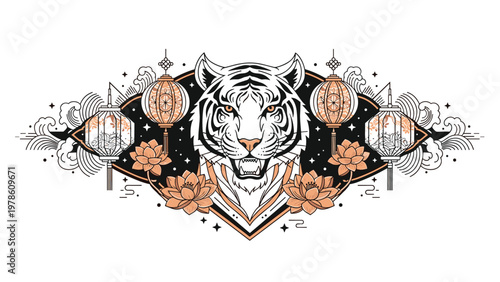 Detailed tiger head illustration in an oriental style with lanterns, lotus flowers, and decorative waves on a white background.