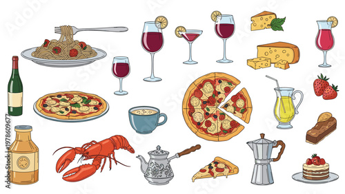 Assortment of food and drink items including pizza, pasta, wine, lobster, coffee, and desserts in a detailed sketch style.