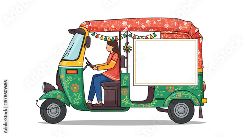 Traditional Indian auto rickshaw driven by a woman decorated with floral patterns and a blank white sign for custom text.