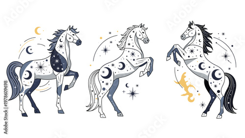 Three celestial horse illustrations decorated with stars, crescent moons, and constellations in a mystical bohemian style.