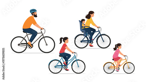 Family of four with two children riding different types of bicycles for outdoor leisure activities and healthy lifestyle recreation concepts.