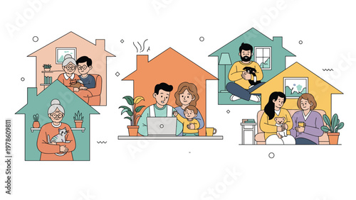 People and families with their pet cats and dogs inside house silhouettes for pet friendly housing and domestic animal adoption concepts.