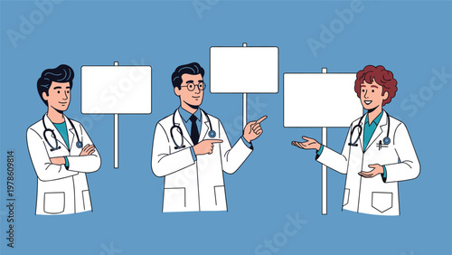 Diverse male and female doctors in white coats holding blank placards for medical announcements and healthcare information concepts.