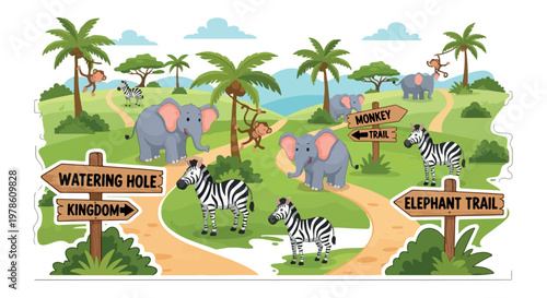 Cartoon safari landscape with wild animals, jungle background with elephants and zebras, wooden directional signs in a tropical forest park