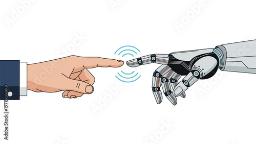 Human and robotic hands extending fingers to touch with digital signals for artificial intelligence and future technology integration.