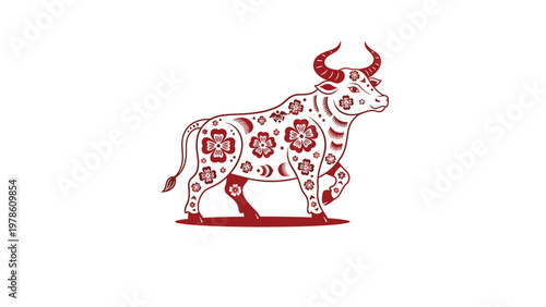 Red bull decorated with traditional flower patterns isolated on a white background for chinese new year and zodiac sign year of the ox themes.
