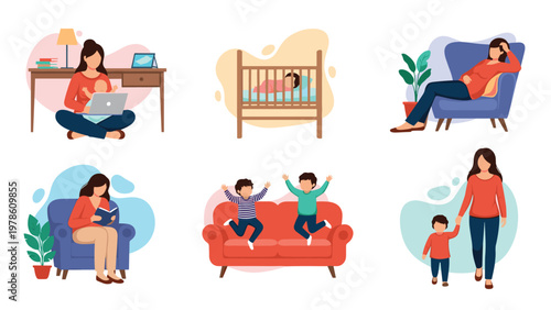 Illustrations showing a mother engaged in daily activities like working child care reading and walking with her kids for parenting themes.