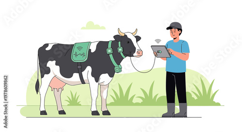 Modern farming using technology: Farmer monitoring cow health data on a tablet to optimize