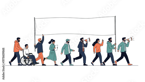 Diverse group of people including a man in a wheelchair marching with a large blank banner for social protest and activist themes.