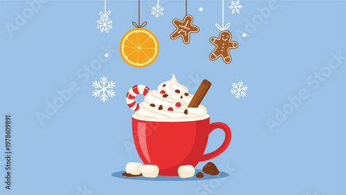Mug of hot chocolate with whipped cream candy cane and cinnamon stick with christmas ornaments and snowflakes for cozy winter themes.