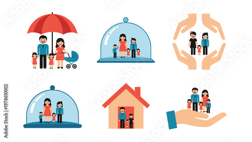 Set of conceptual icons representing family protection and security using symbols like an umbrella, hands, and a glass dome.