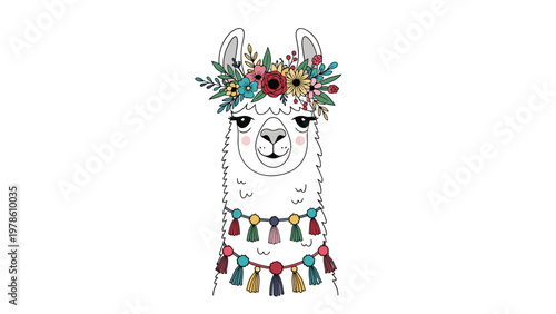 Portrait of a cute white llama wearing a colorful flower crown and decorative tassel necklaces on its long neck.
