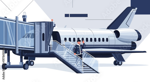 Modern airport scene with a man deplaning from private jet using an enclosed jet bridge
