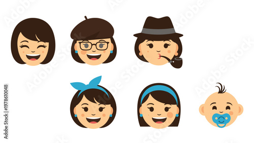 Set of diverse people avatars including various stylish women in different hats and a smiling baby with a blue pacifier.