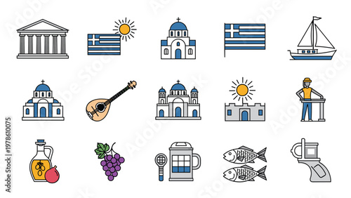 Collection of greek themed icons including ancient temples, the national flag, orthodox churches, and traditional food.