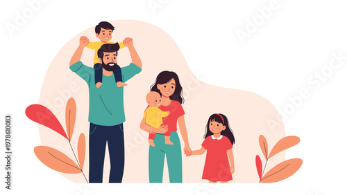 Portrait of a happy family with two children and a baby standing together against a warm background with autumn leaves.