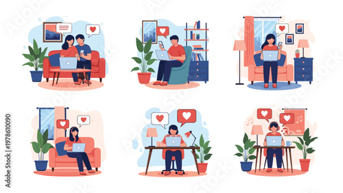 Set of illustrations showing people using laptops and smartphones to communicate and find love through online dating apps.