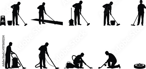 Cleaning silhouettes icons, floor mopping, vacuum cleaner, sweeping broom, robotic vacuum, scrubbing floor, bucket wringing, household chores, cleaning tools illustration