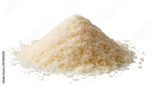 Pile of finely grated Parmesan cheese, isolated on transparent background