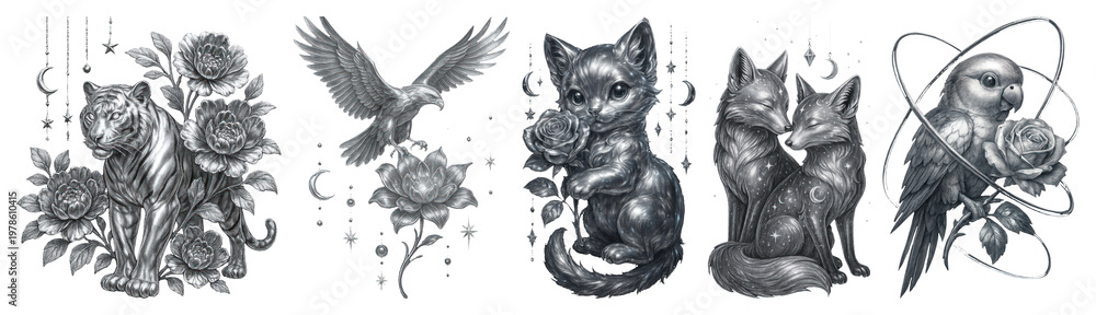 Fototapeta premium PNG Intricate animal floral illustrations, element set on transparent background