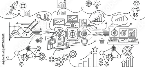 Complex line art illustration of global digital infrastructure featuring data analytics financial growth technology networks and strategic business innovation.