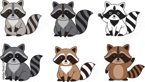 Cute Raccoon Cartoon Vector Set with Adorable Forest Animal Characters in Different Poses for Kids Illustration Mascot Design and Woodland Themes