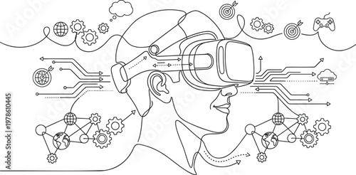 Continuous line art of a person wearing virtual reality goggles surrounded by symbols of gaming technology global connectivity and innovation.