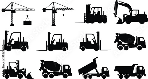Construction vehicles icons, heavy machinery silhouettes, tower cranes, forklifts, excavators, cement mixers, dump trucks, front loader, industrial equipment illustration