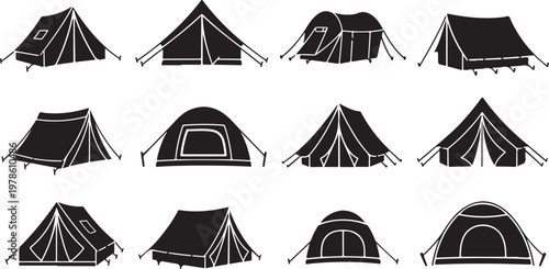 Various Black Tents on White Background Illustration Set