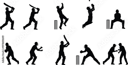 Cricket silhouettes icons, batting action, bowling motion, fielding catch, wicketkeeping pose, stumps illustration, sports competition, athletic movement, cricket game