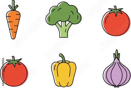 A colorful illustration of various vegetables on display including carrot broccoli tomato pepper and onion.