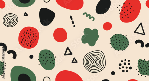 Geometric shapes create a vibrant and dynamic abstract pattern on a beige background
