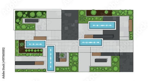 Modern landscape design top view, architectural garden plan with swimming pools and green plants, minimalist outdoor patio layout vector