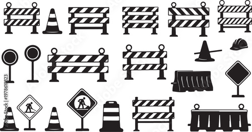 Road construction signs and barriers icon set