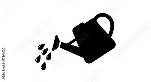 Vector illustration of black silhouette of a watering can pouring water drops on a transparent background