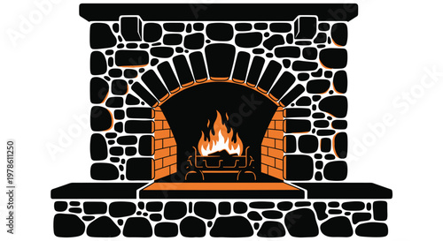 Traditional stone fireplace with a burning fire on a metal grate shown in black, white, and orange colors.