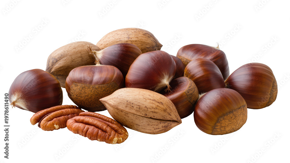 Obraz premium Pile of assorted nuts including chestnuts and pecans, isolated on transparent background