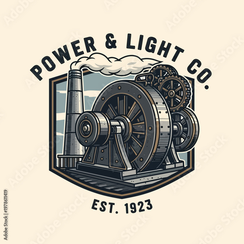 Vintage Power & Light Co. Logo with Industrial Flywheel Generator and Factory Chimney, Established Design on Light Beige Background