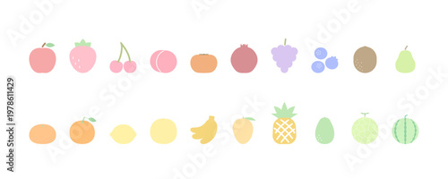 よく使う果物20種のシンプルなカラーアイコンセット