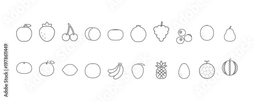よく使う果物20種のシンプルな線画アイコンセット