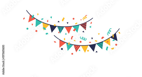 Colorful party bunting flags and vibrant confetti pieces are scattered across a clean white background for celebration themes.