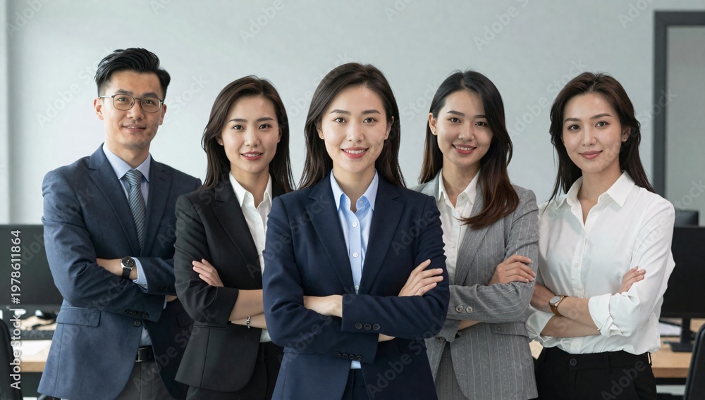 Fototapeta premium Diverse group of asian businesspeople posing confidently with crossed arms in a professional setting
