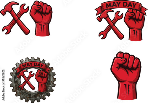 May Day Labor Day Seamless Pattern with Red Fist and Wrench