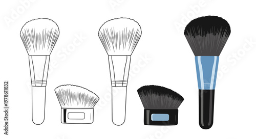 Selection of makeup brushes in various shapes and styles is presented in both detailed line art and colored versions for beauty industry use.