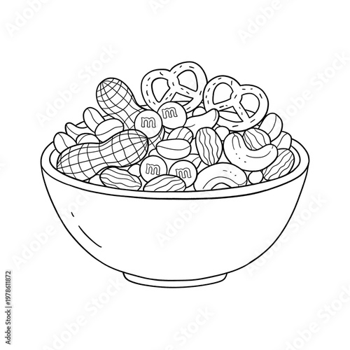 vector illustration of a bowl of snacks, food illustration for coloring book
