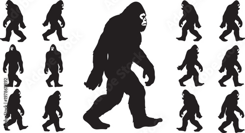 Bigfoot Silhouettes Walking in Various Positions Illustration