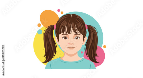 Cute portrait of a young girl with brown hair styled in pigtails is set against a cheerful background with colorful circular shapes.
