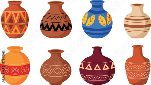 Decorative Clay Pot Vase Illustration Set with Ethnic Patterns and Ceramic Designs Collection for Home Decor, Craft, Culture, and Interior Design Projects