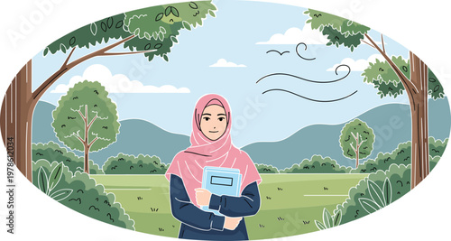 Young Muslim woman wearing a pink hijab and holding books, standing in a serene park with trees and rolling hills, symbolizing education, knowledge, and peaceful contemplation.