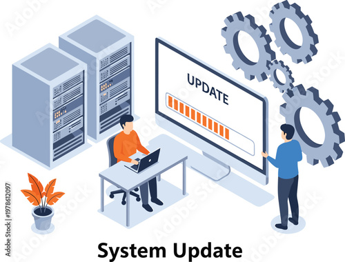 IT professionals performing a system update on servers and computers, with gears symbolizing process and progress in a modern office environment.